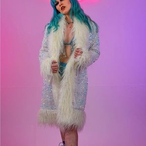 Sequin & fur coat. Beautiful and eye catching for a festival or rave.